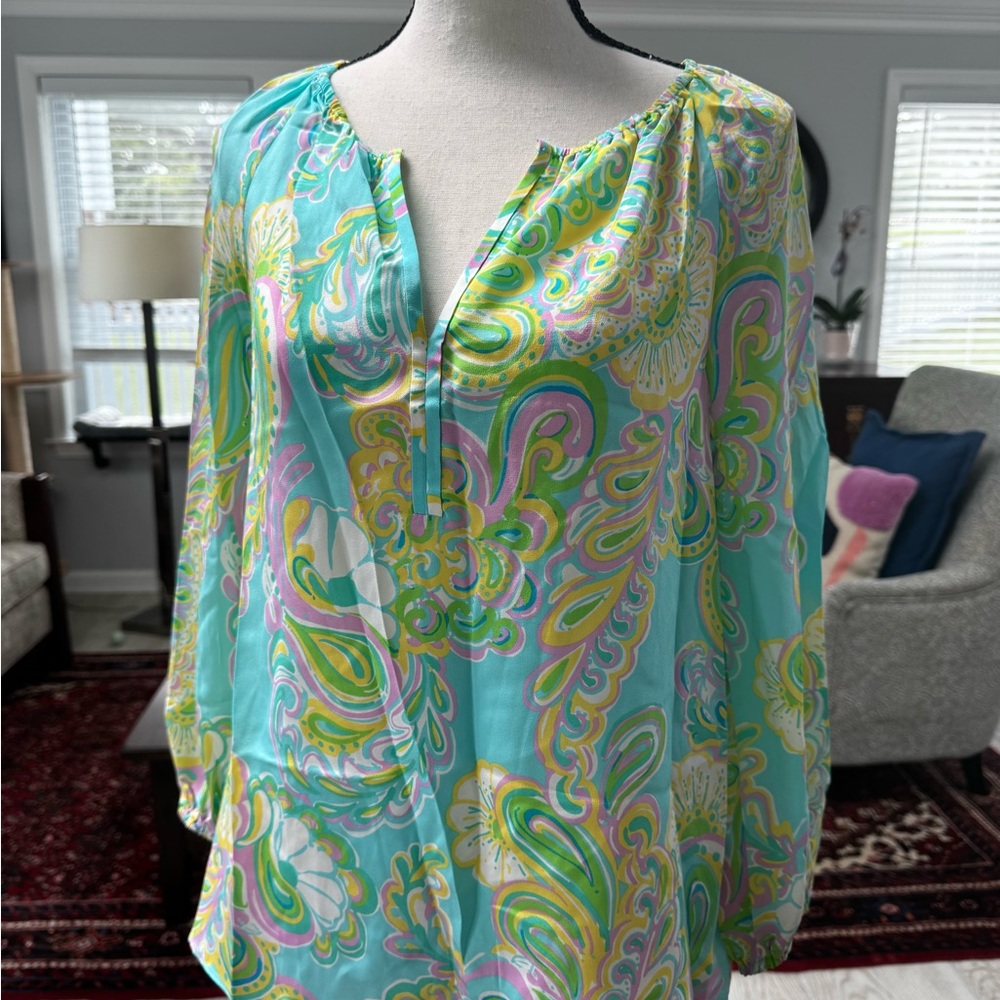 Lilly Pulitzer Green and Blue Asymmetrical Long Sleeve Blouse